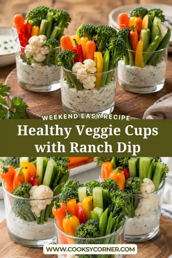 Individual Veggie Cups with Ranch Dip filled with carrot sticks, celery, bell peppers, and cherry tomatoes in clear cups.