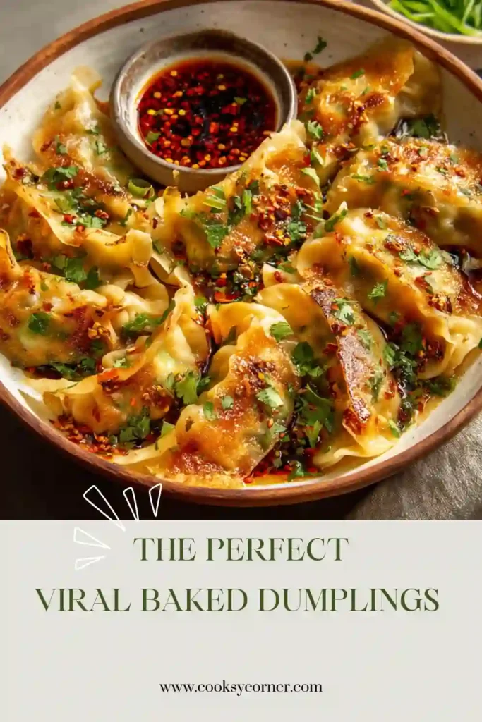 A baking dish filled with viral baked dumplings nestled in a creamy coconut curry sauce and topped with chili crisp, sesame seeds, cilantro, and scallions. The dumplings are tender, flavorful, and beautifully garnished.