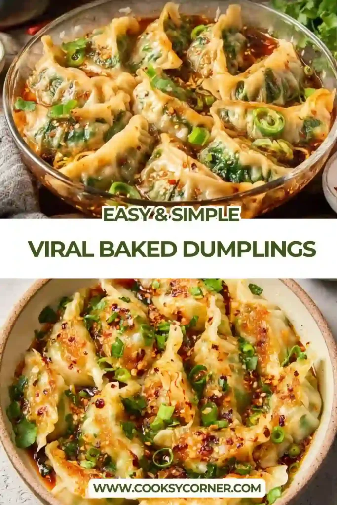 Close-up of crispy chili oil dumplings baked in a creamy Thai-inspired coconut sauce. Fresh herbs and sesame seeds add color and texture to this comforting meal.