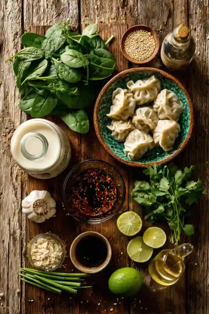 Oven-baked dumplings arranged in coconut curry sauce and garnished with chili crisp, cilantro, and sesame seeds. The presentation is vibrant and appetizing.