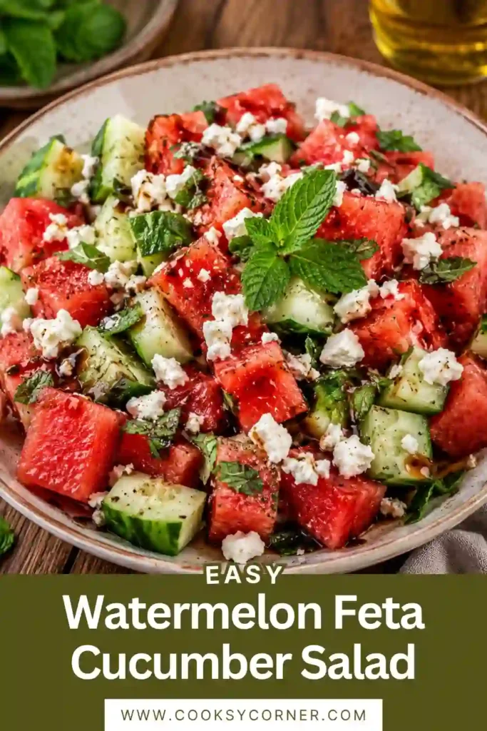A bowl of Watermelon Feta Cucumber Salad featuring juicy watermelon cubes, crisp cucumber, crumbled feta cheese, and fresh mint leaves. The colorful summer salad is finished with a drizzle of balsamic glaze.
