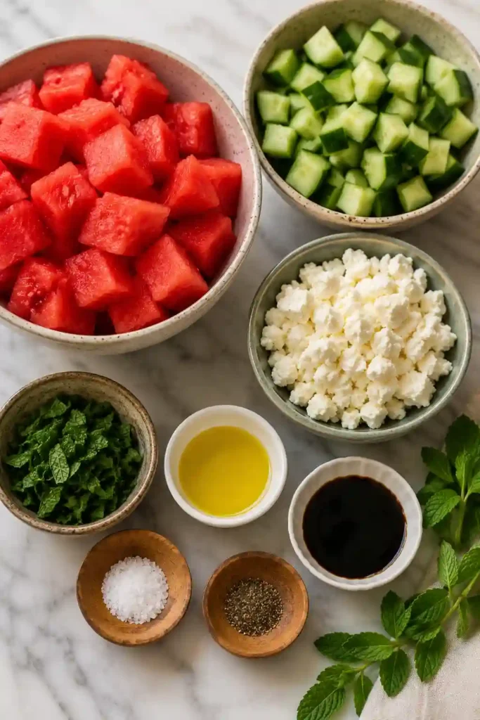 Healthy Watermelon Feta Cucumber Salad topped with balsamic glaze and fresh mint leaves. This Mediterranean-inspired salad features fresh ingredients and a light, refreshing flavor profile.
