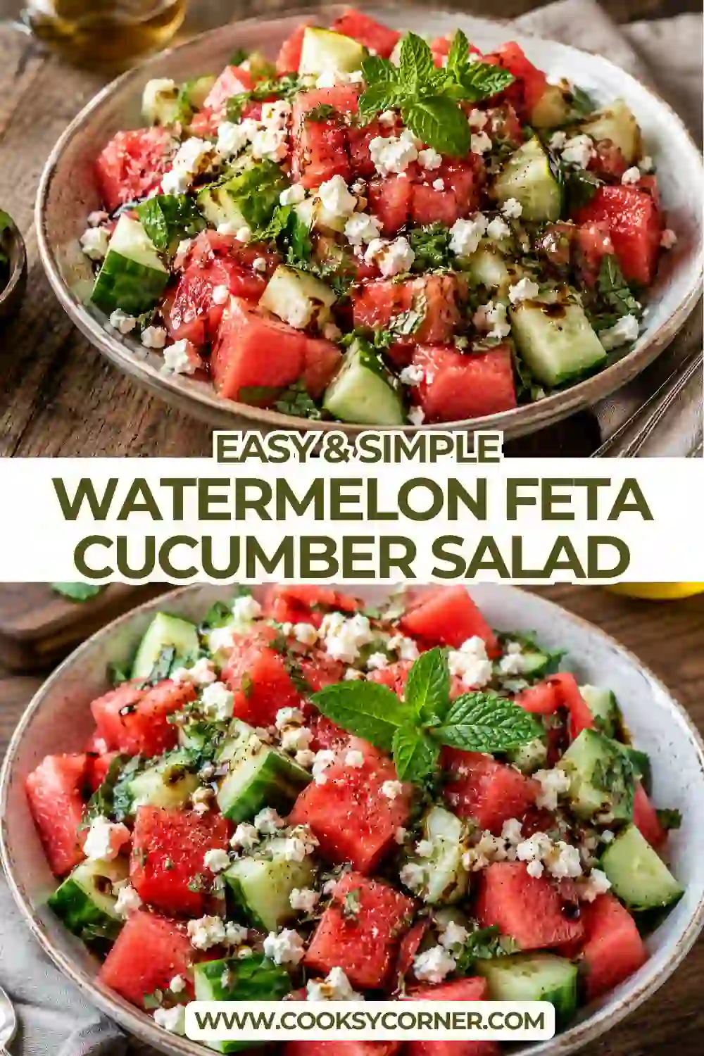 Close-up view of a watermelon cucumber feta salad served in a white bowl. Fresh mint and balsamic glaze highlight the vibrant colors and textures of this healthy summer side dish.