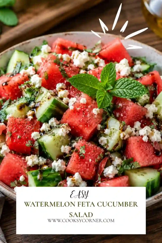 Watermelon Feta Cucumber Salad arranged on a serving platter with fresh herbs and crumbled cheese. The colorful presentation makes it ideal for picnics, barbecues, and summer entertaining.