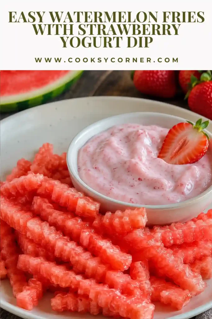 Fresh-cut watermelon sticks with sweet strawberry yogurt dipping sauce. A vibrant and family-friendly fruit appetizer for warm days.