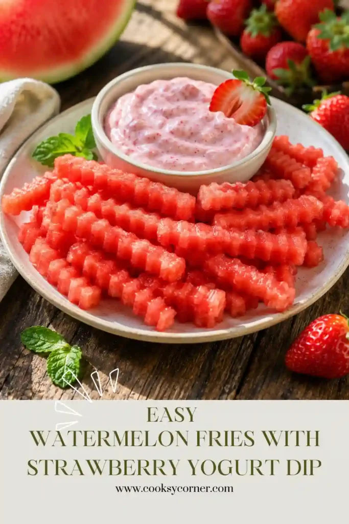 Healthy watermelon fries paired with smooth strawberry yogurt dip in a bowl. This easy no-cook recipe is ideal for summer entertaining.
