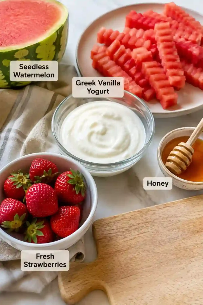 Fresh watermelon fries arranged on a serving platter with a creamy strawberry yogurt dip. This healthy summer snack is colorful, refreshing, and perfect for parties.