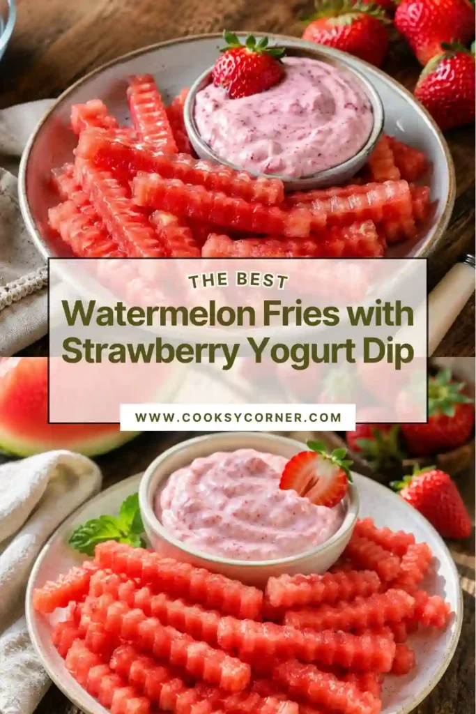 Crinkle-cut watermelon fries served with homemade strawberry yogurt dip. A fun fruit snack featuring juicy watermelon and creamy berry flavor.