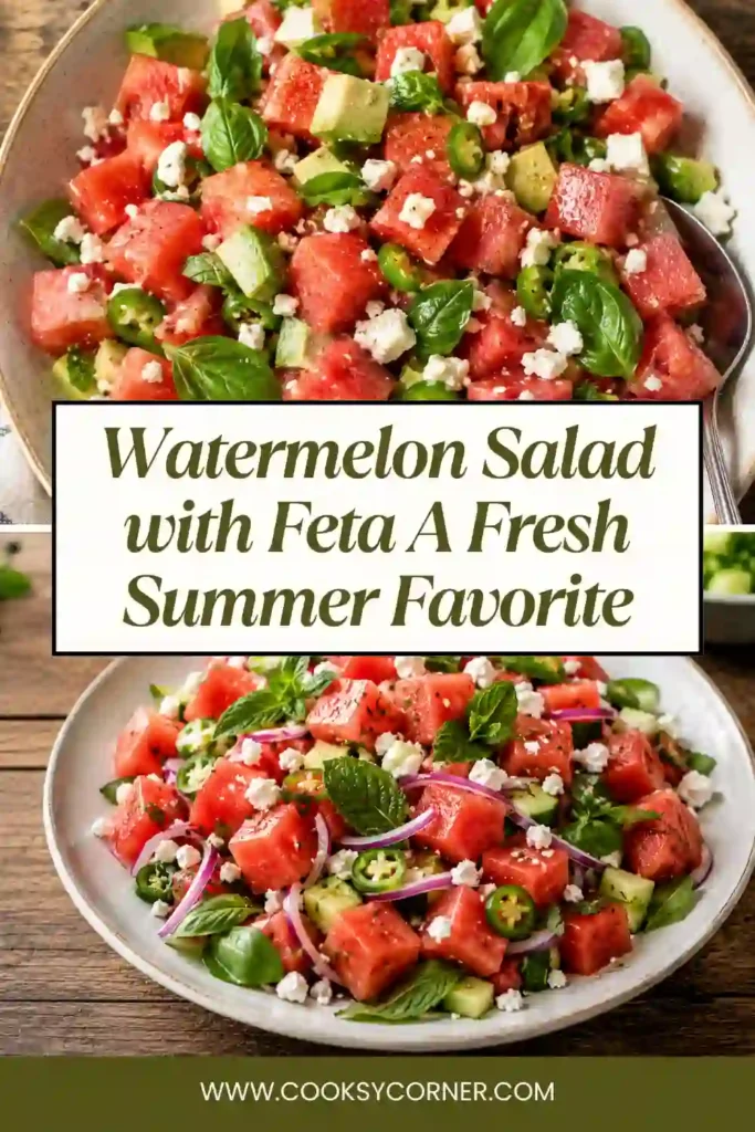 Close-up of a watermelon cucumber feta salad garnished with fresh mint and lime dressing. The salad is colorful, vibrant, and perfect for summer gatherings.