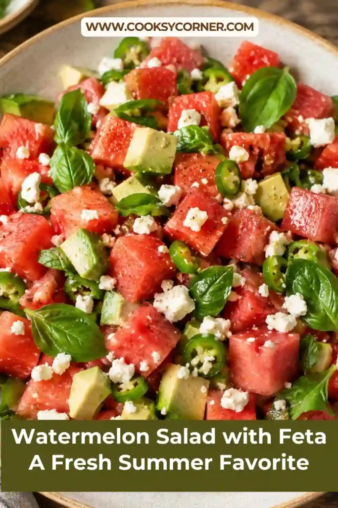 Refreshing watermelon feta salad featuring juicy watermelon cubes, creamy avocado, and crumbled feta cheese. A healthy summer side dish with bright seasonal flavors.