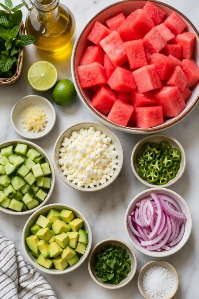 Homemade Watermelon Salad with Feta prepared with fresh fruit, herbs, avocado, and feta cheese. A simple no-cook recipe ideal for warm-weather meals.