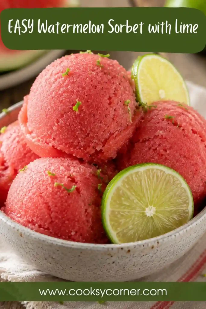 Homemade watermelon sorbet displayed with watermelon cubes and lime wedges. A healthy frozen watermelon dessert made with simple ingredients.