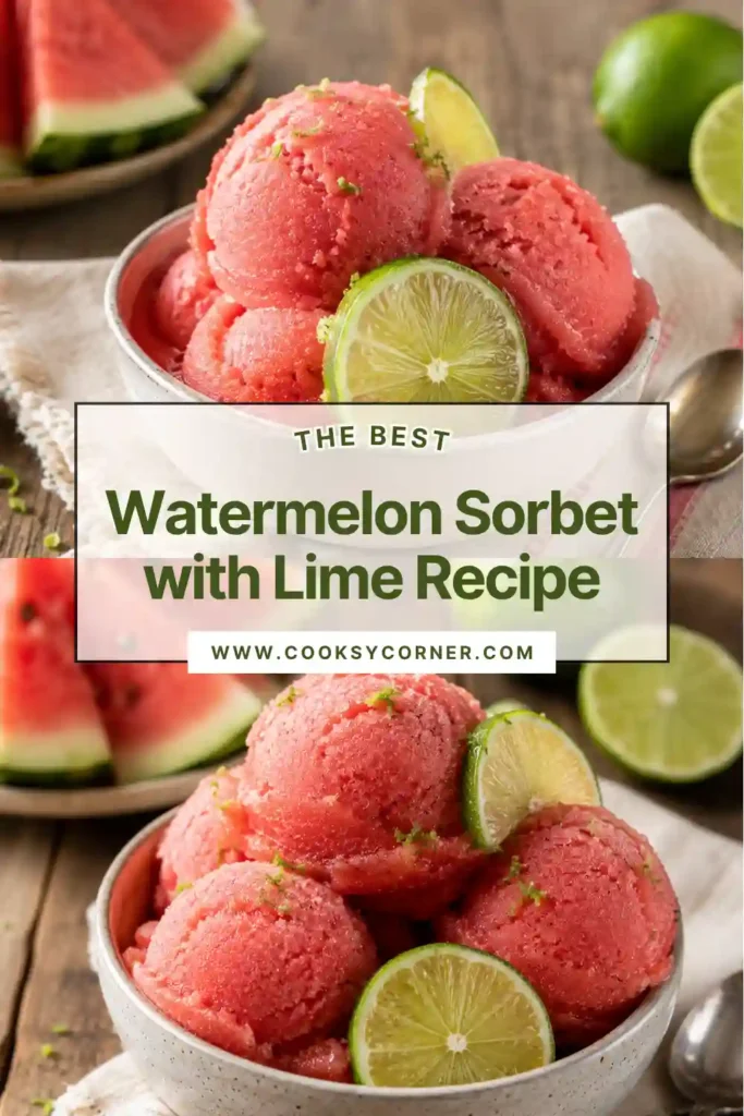 Fresh watermelon lime sorbet scooped into a serving bowl and garnished with mint leaves. A colorful summer dessert that is naturally sweet and refreshing.