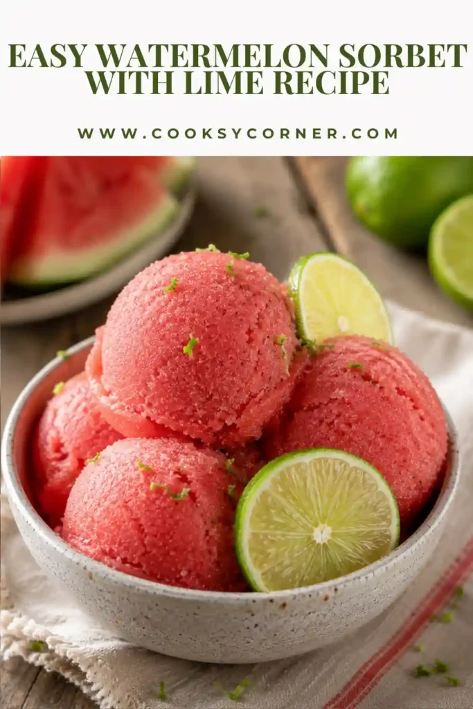 A scoop of watermelon sorbet served in a bowl with fresh lime slices on the side. This refreshing watermelon dessert is vibrant, dairy-free, and perfect for summer.