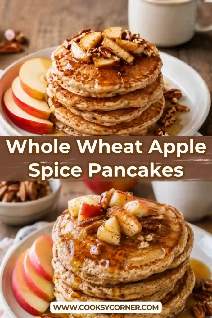 Homemade Whole Wheat Apple Spice Pancakes arranged on a breakfast plate with fresh fruit. The pancakes are golden, fluffy, and filled with grated apples and pecans.