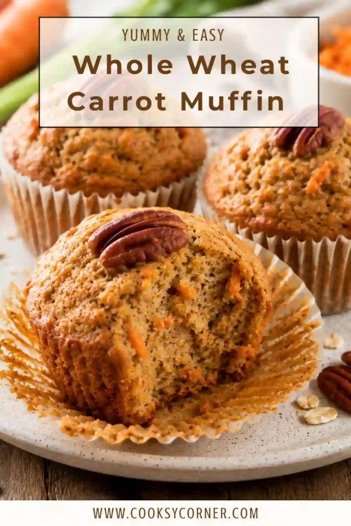 Freshly baked whole wheat carrot muffins topped with pecan halves and served on a cooling rack. These healthy carrot muffins have a moist texture and golden-brown finish.