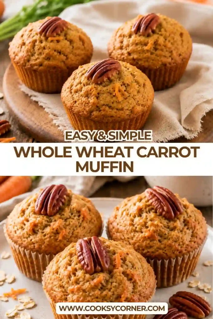 A batch of homemade whole wheat carrot muffins made with applesauce, Greek yogurt, raisins, and pecans. The muffins are fluffy, tender, and perfect for breakfast.