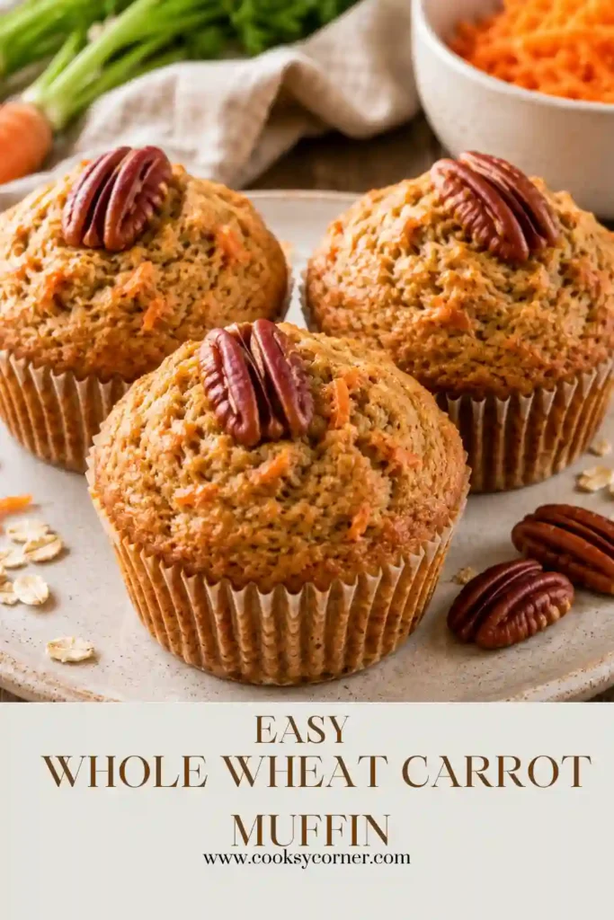 Moist whole wheat carrot muffins displayed on a serving plate with visible shredded carrots and crunchy pecans. A nutritious baked treat ideal for healthy snacking.