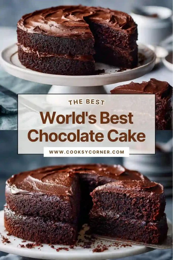 Homemade World's Best Chocolate Cake on a serving plate with smooth chocolate ganache frosting. This decadent chocolate dessert is inspired by Ottolenghi's famous recipe.