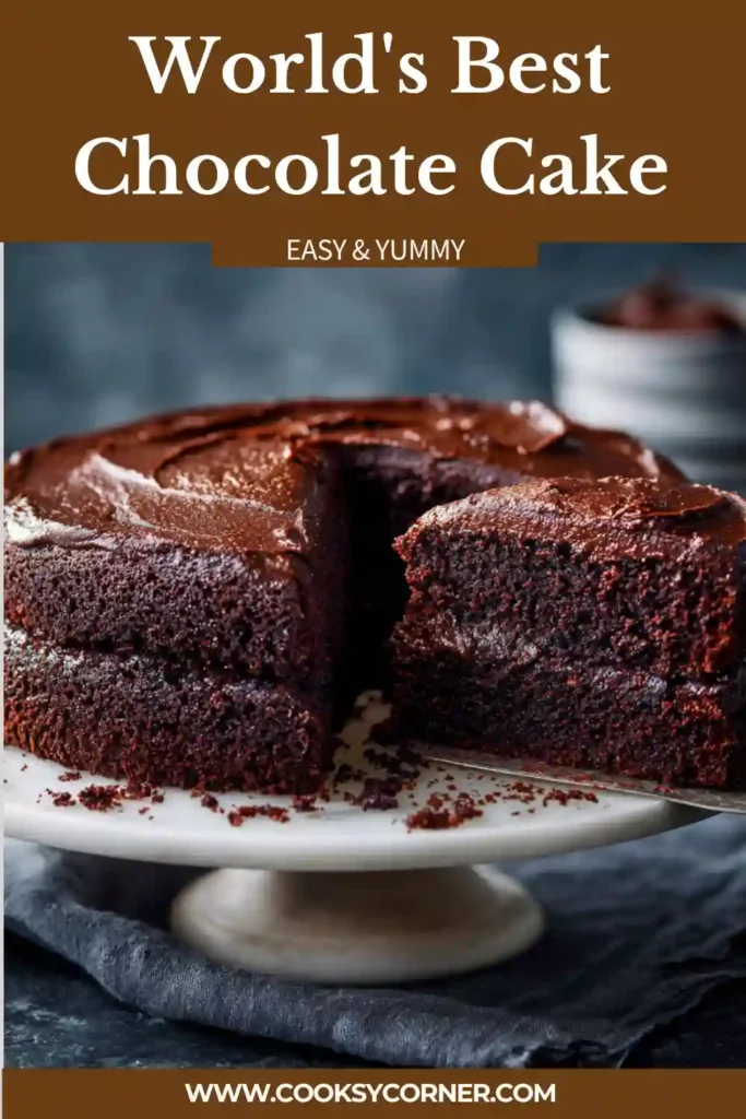 A slice of World's Best Chocolate Cake topped with glossy chocolate ganache and served with espresso cinnamon mascarpone cream. The cake has a moist texture and rich dark chocolate flavor.