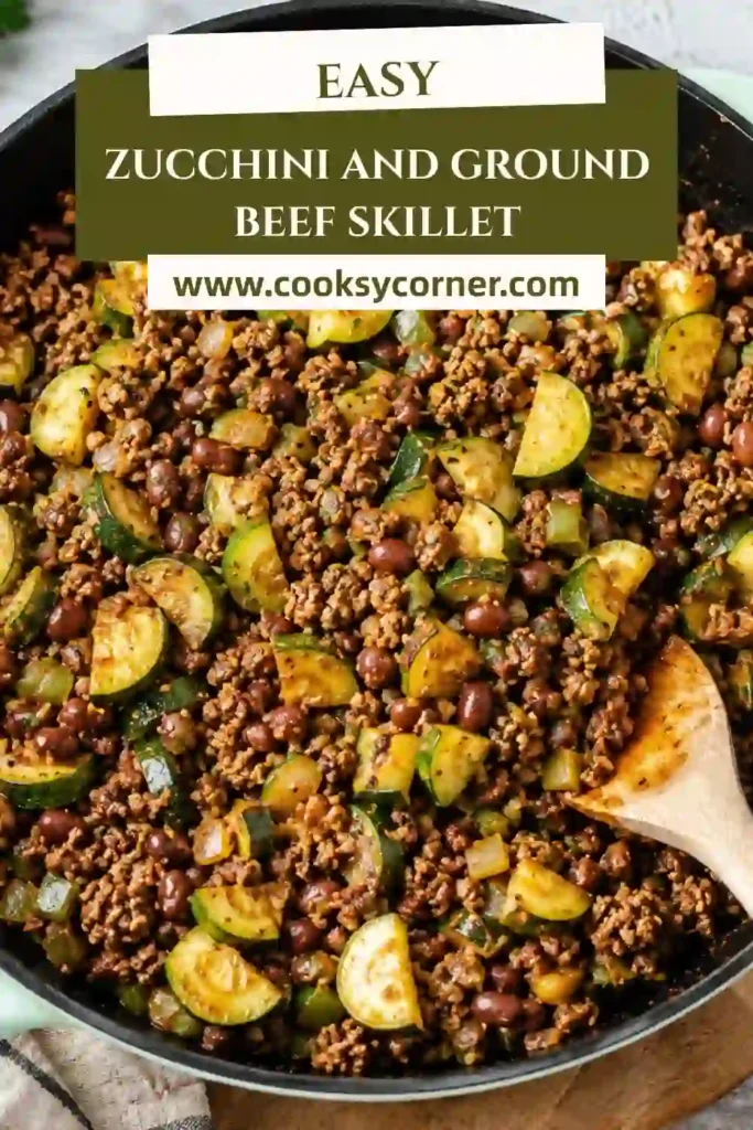 Ground beef and zucchini skillet featuring tender vegetables, savory tomato sauce, and golden melted cheddar cheese. Perfect for a quick family dinner.