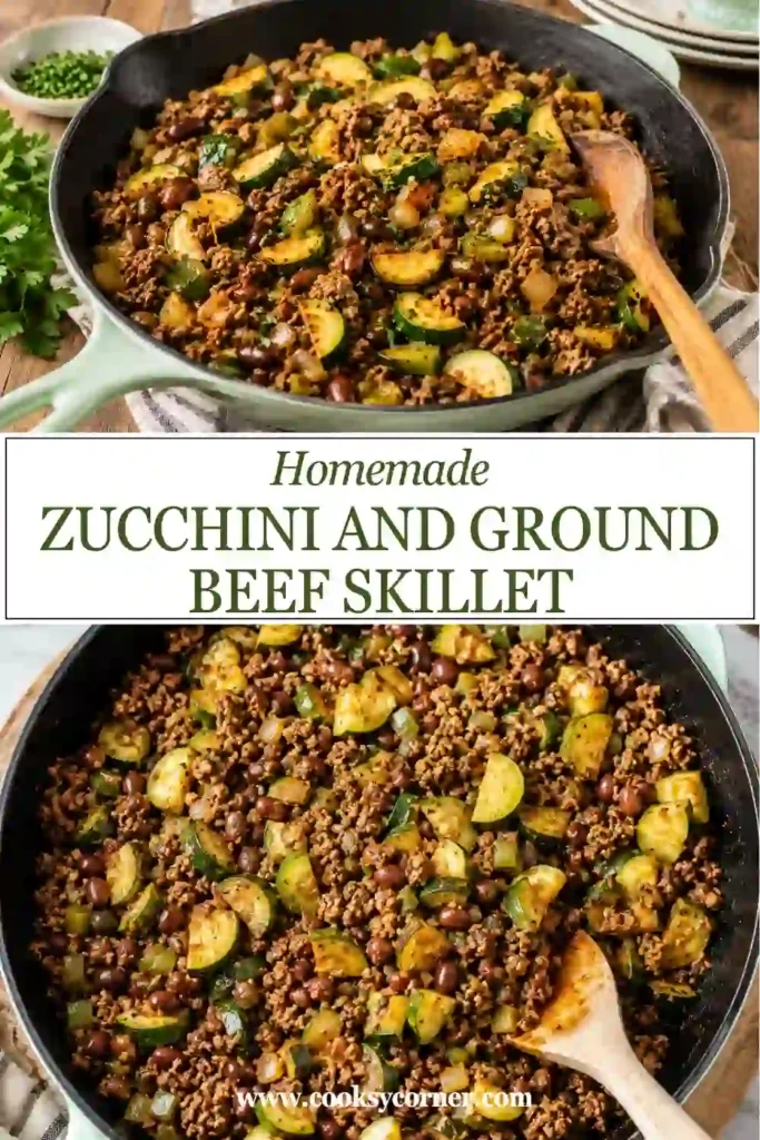 Cheesy zucchini and ground beef skillet cooked with mushrooms, tomato sauce, and olives. The dish is topped with melted cheddar cheese and served hot.