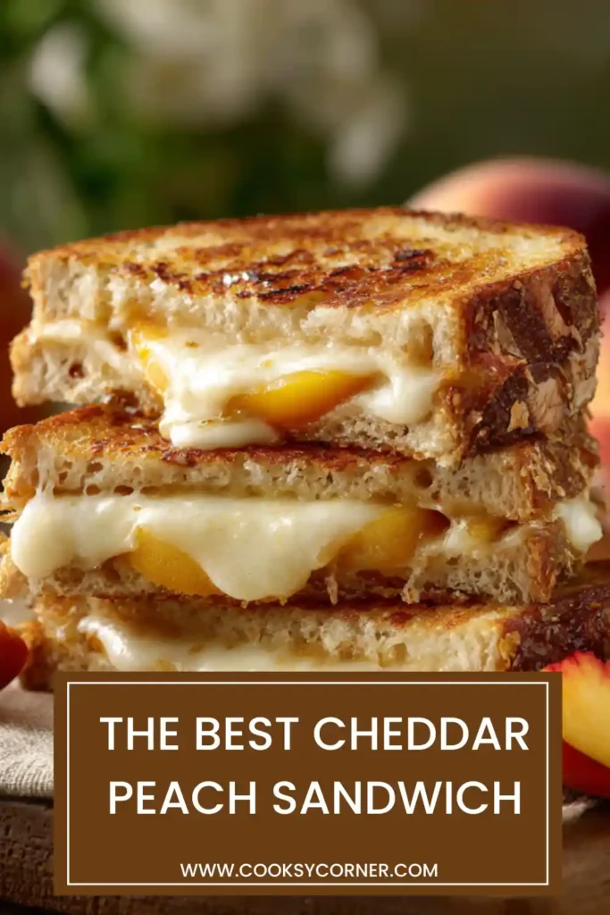 A golden Honey Peach White Cheddar Grilled Cheese Sandwich filled with fresh peach slices and melted white cheddar cheese. The sandwich is toasted until crispy and served warm.