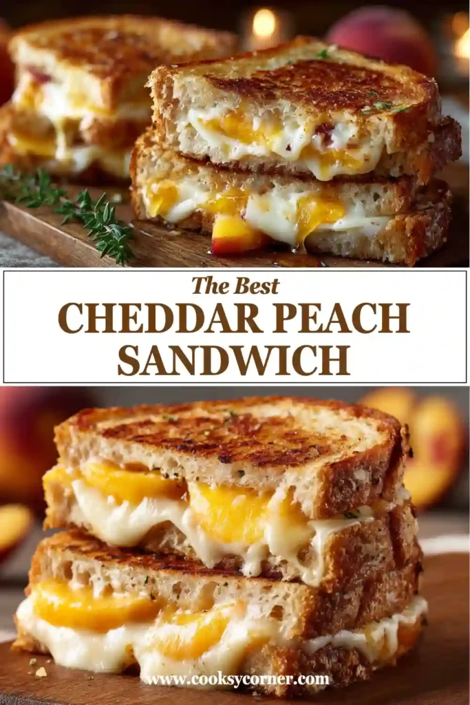 Close-up of a peach grilled cheese sandwich made with fresh peaches, white cheddar cheese, and honey. Crispy sourdough bread adds the perfect crunch.