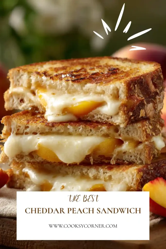 Crispy grilled cheese sandwich featuring melted white cheddar, sliced peaches, and honey on toasted sourdough bread. Served warm for a delicious lunch.