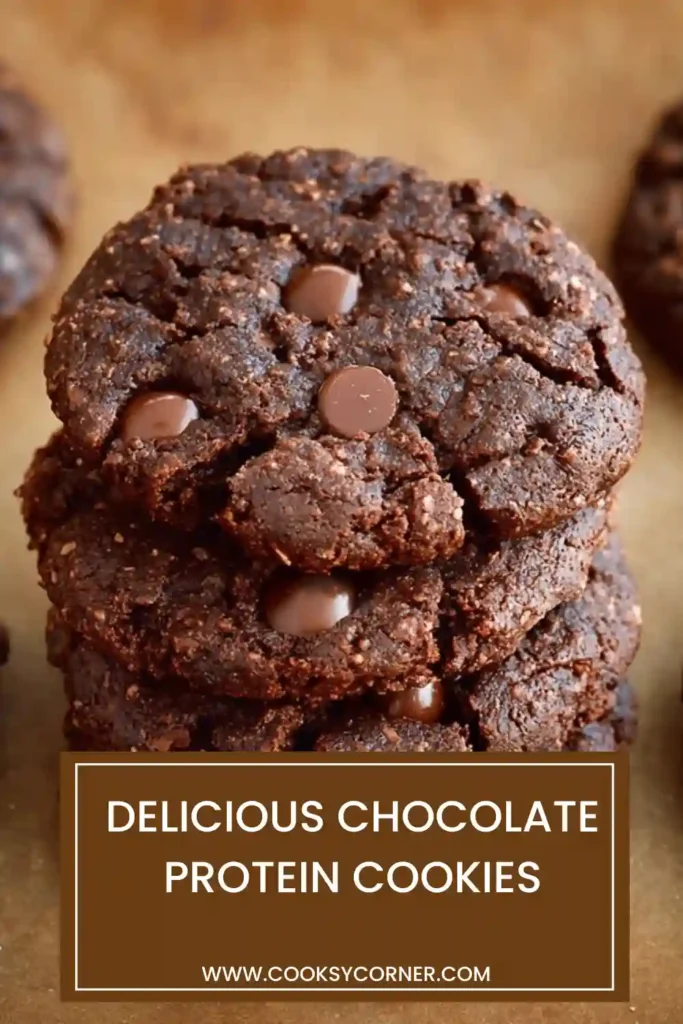 Freshly baked Chocolate Protein Cookies arranged on a cooling rack. These high-protein chocolate cookies have a rich cocoa flavor and soft chewy texture.
