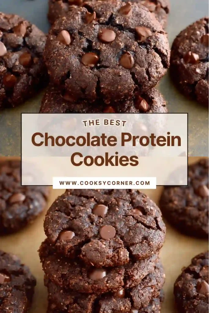 A batch of healthy Chocolate Protein Cookies topped with chocolate chips. These protein-packed cookies are ideal for snacks and post-workout treats.