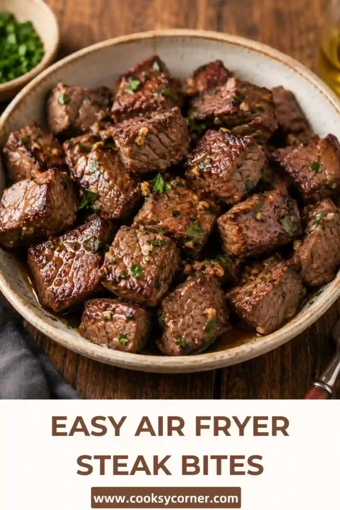 Juicy Air Fryer Steak Bites coated in garlic butter are cooked until perfectly browned with tender centers. This easy sirloin steak recipe is ideal for quick family dinners.
