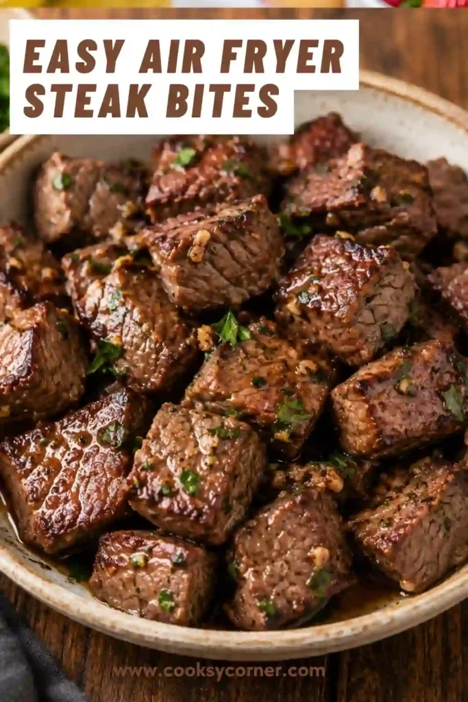 Tender sirloin steak bites cooked in the air fryer until juicy and flavorful. Garlic butter creates a rich finish perfect for weeknight meals.