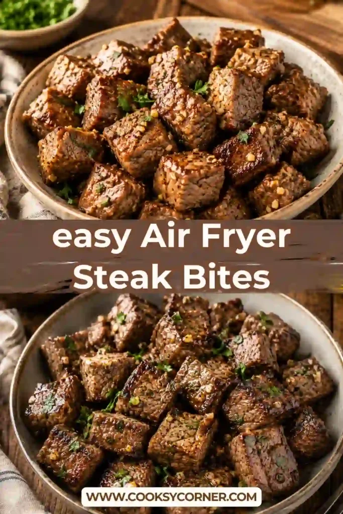 Homemade Air Fryer Steak Bites served hot with fresh parsley and garlic butter. A quick low-carb dinner made with simple ingredients.
