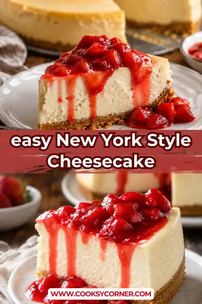 Classic homemade New York cheesecake served on a white dessert plate with fresh strawberries and whipped cream. The cheesecake features a buttery graham cracker crust.