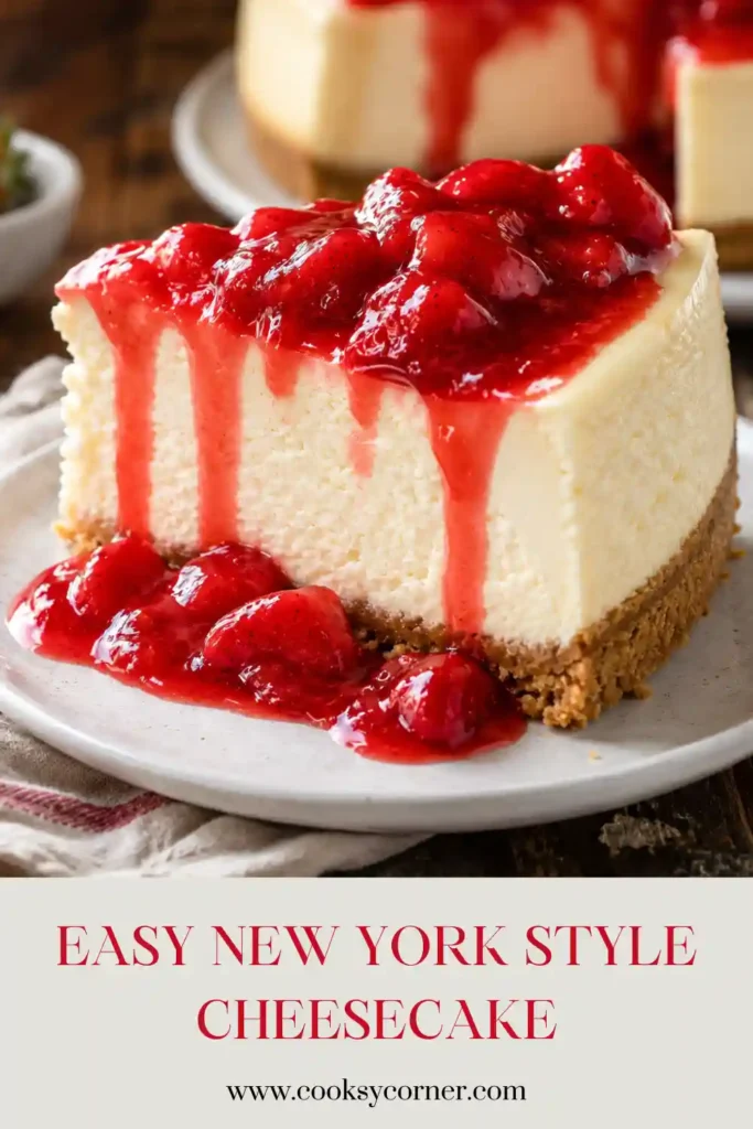 Creamy baked New York Style Cheesecake cooling before serving. The rich cream cheese filling has a perfectly smooth finish and crisp graham cracker base.
