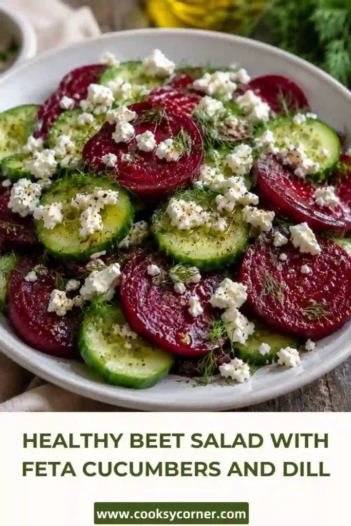 A bowl of Beet Salad with Feta, Cucumbers, and Dill featuring roasted beets, sliced cucumbers, crumbled feta, and fresh herbs. A colorful and healthy Mediterranean-inspired salad.