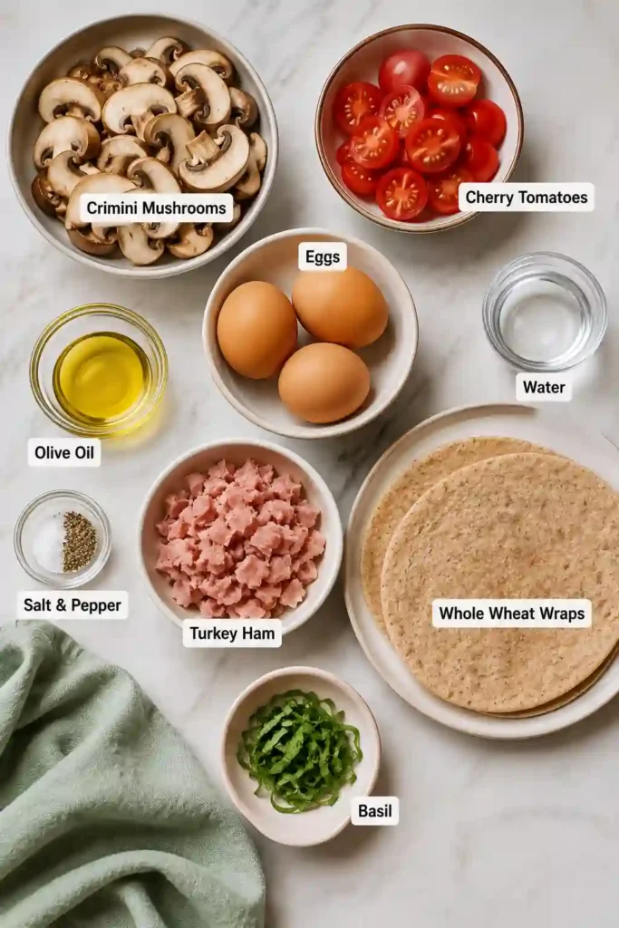 Close-up view of a warm Breakfast Egg Wrap featuring eggs, mushrooms, tomatoes, basil, and turkey ham wrapped in a soft whole wheat tortilla.