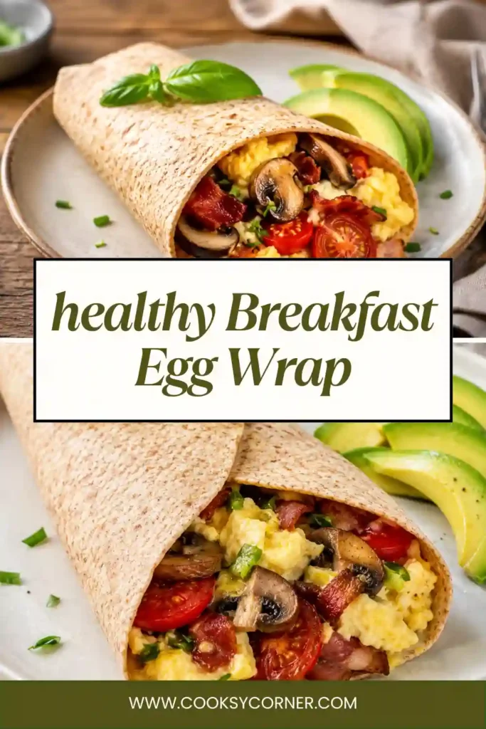 Freshly prepared Breakfast Egg Wrap sliced in half to reveal fluffy eggs, mushrooms, tomatoes, basil, and turkey ham inside a whole wheat wrap. Perfect for a quick high-protein breakfast.
