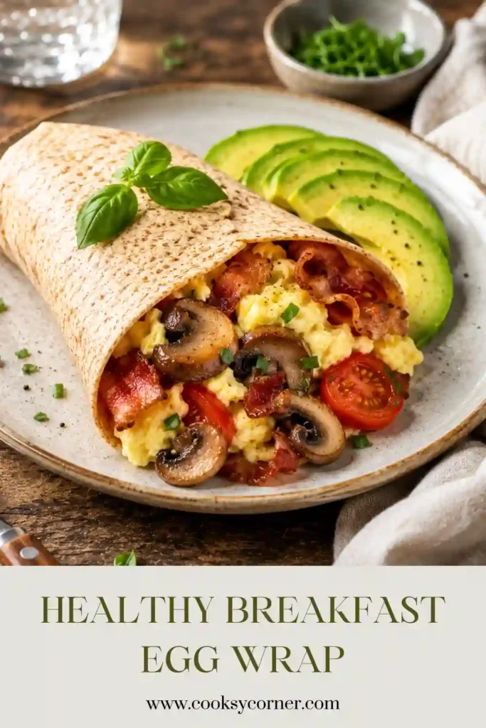 Whole wheat Breakfast Egg Wrap stuffed with scrambled eggs, mushrooms, cherry tomatoes, and turkey ham on a breakfast plate. Garnished with fresh basil leaves.