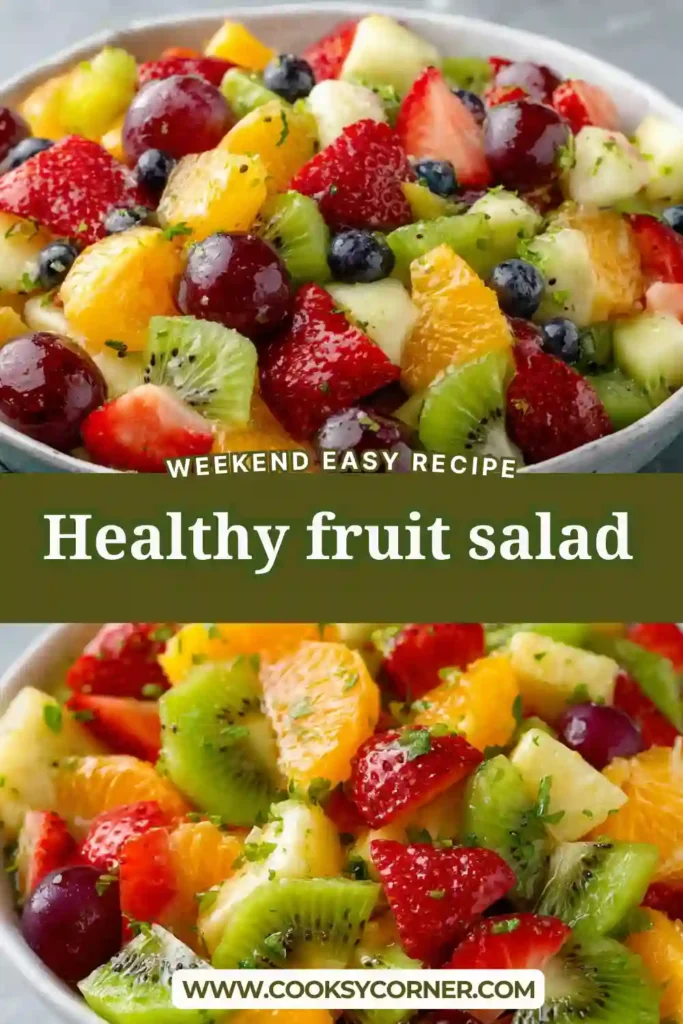 A large bowl of Fruit Salad with Honey Lime Dressing filled with fresh mangoes, strawberries, pineapple, blueberries, grapes, kiwis, and bananas. The colorful fruit is lightly coated in a bright citrus honey dressing.