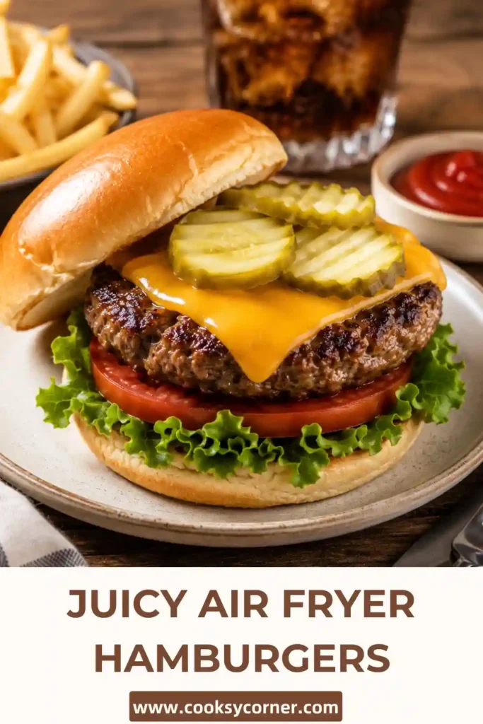 A plate of Air Fryer Hamburgers served on toasted buns with fresh lettuce, tomato, and onions. The burgers are juicy, golden brown, and perfect for a quick homemade meal.