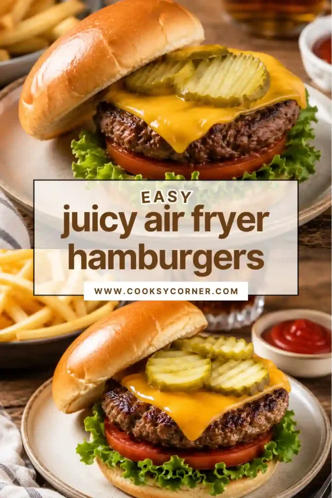Freshly cooked air fryer beef burgers resting on a serving platter. The homemade hamburgers have a beautifully browned crust and juicy center.