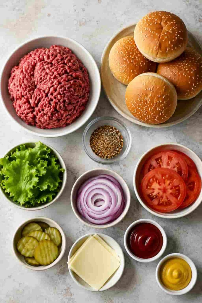Homemade Air Fryer Hamburgers arranged on a wooden board with burger toppings and toasted buns. The burgers appear tender, juicy, and perfectly seasoned.