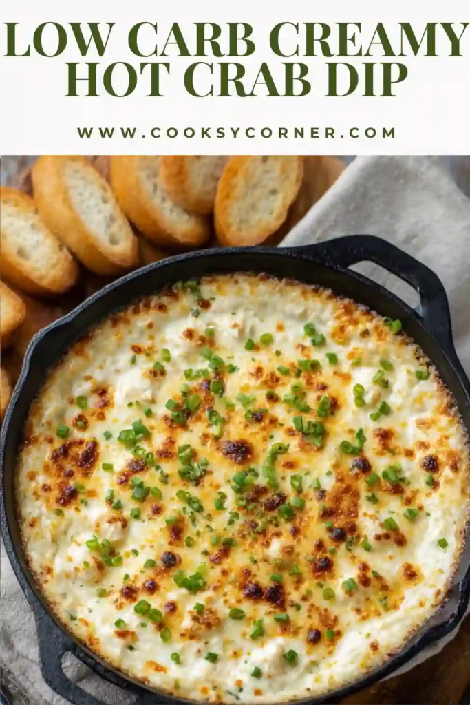 A bubbling Creamy Hot Crab Dip baked with melted white cheddar cheese and topped with fresh green onions. This low carb keto appetizer is served warm and ready for dipping.