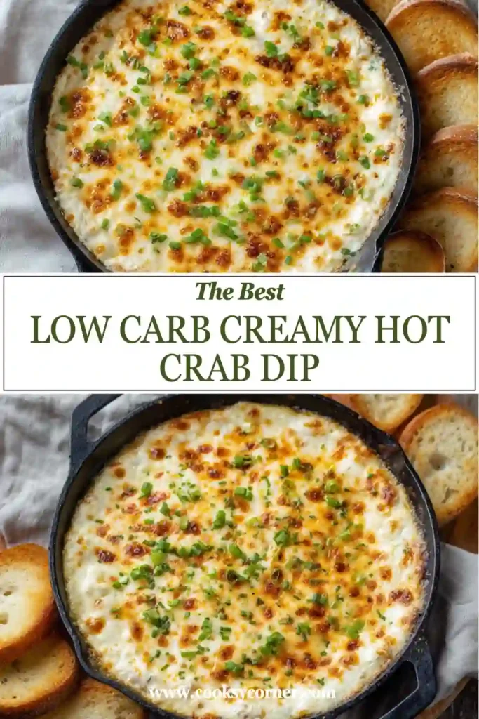 Freshly baked hot crab dip in a cast-iron skillet with golden melted cheese and chunks of crabmeat. A creamy gluten free seafood appetizer perfect for parties.