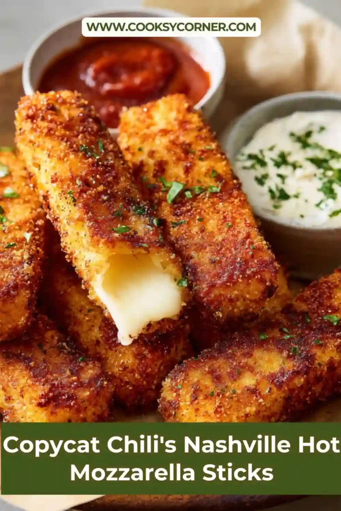 Golden crispy Copycat Chili's Nashville Hot Mozzarella Sticks served with ranch dressing. Melted mozzarella cheese stretches from the crunchy spicy coating.