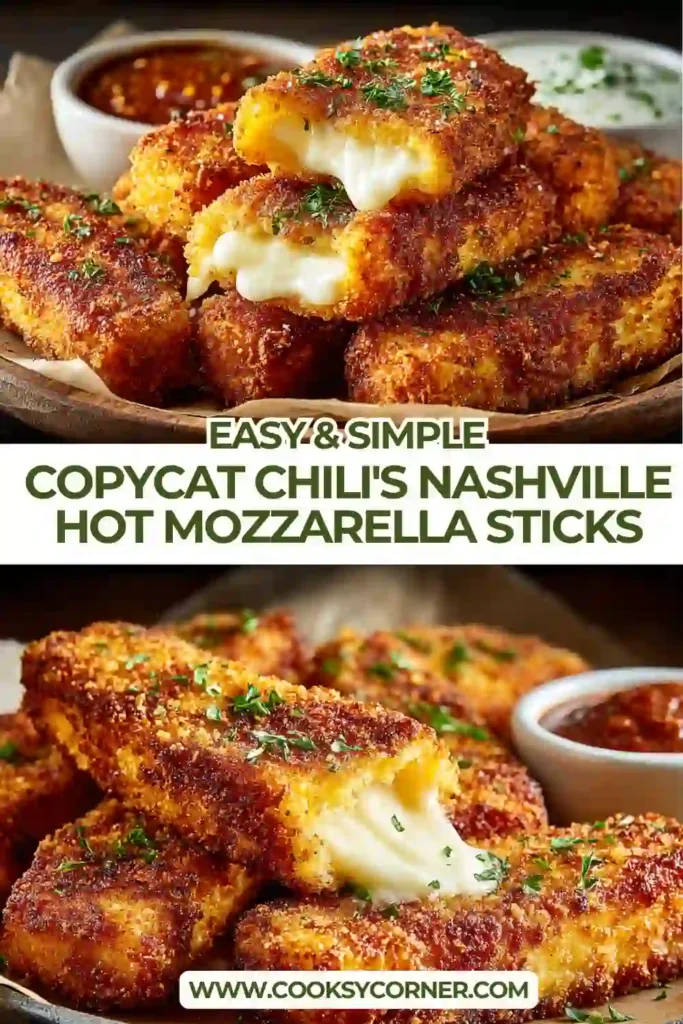 Homemade Nashville hot mozzarella sticks arranged on a serving platter. Crispy fried breading is coated in spicy seasoned oil and served with ranch dip.