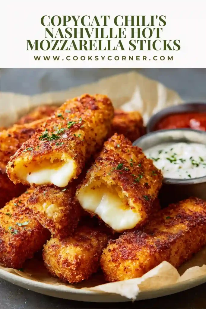 Close-up view of spicy mozzarella sticks with melted cheese pull. Crunchy panko coating and Nashville hot seasoning create a flavorful appetizer.