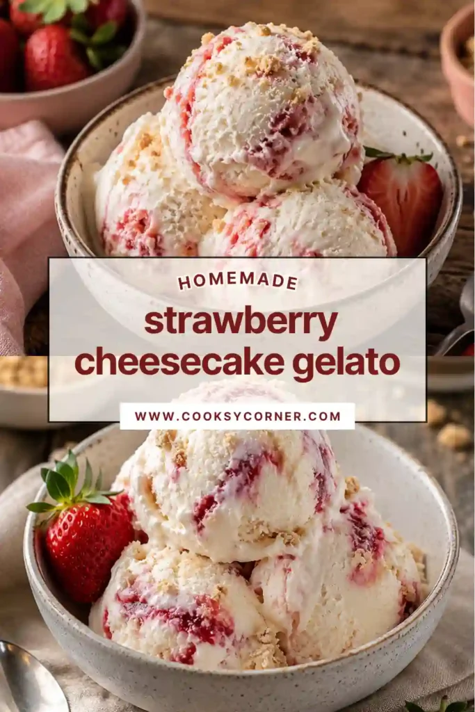 Freshly scooped strawberry cheesecake gelato displayed with strawberries and graham cracker crumbs. The dessert has a creamy consistency and vibrant pink color.